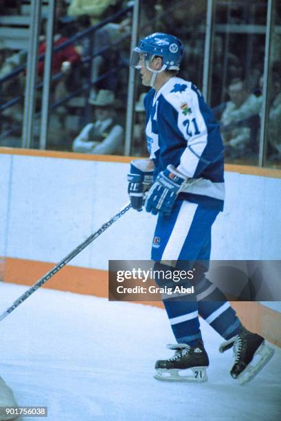 Borje Salming of the Toronto Maple Leafs skates against the Calgary Flames during NHL game action on February 20, 1987 at the Saddledome in Calgary,...