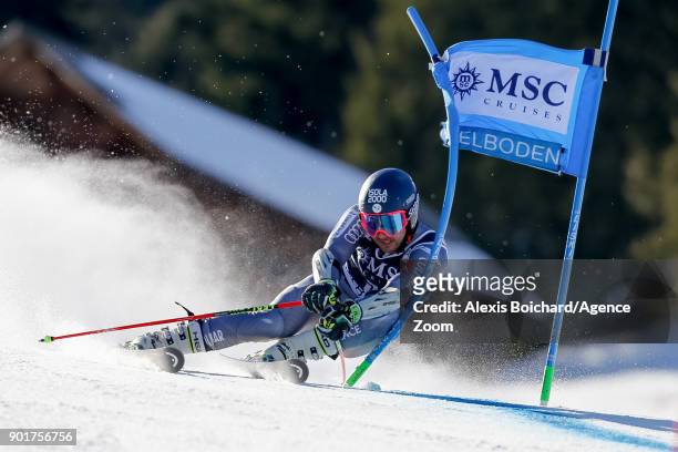Mathieu Faivre of France competes during the Audi FIS Alpine Ski World Cup Men's Giant Slalom on January 6, 2018 in Adelboden, Switzerland.