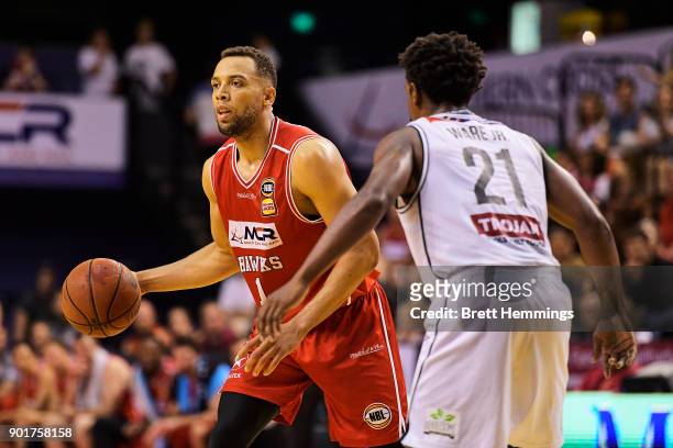 Demitrius Conger of the Hawks controls the ball during the round 13 NBL match between the Illawarra Hawks and Melbourne United at Wollongong...