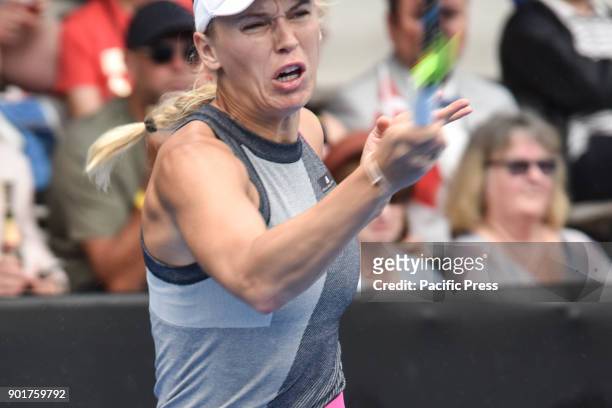 Caroline Wozniacki of Denmark plays a forehand in her Quarter-final match against Sofia Kenin of USA during the WTA Women's Tournament at ASB Centre...