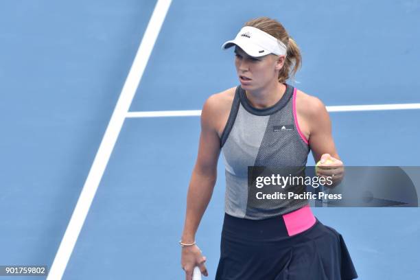 Caroline Wozniacki of Denmark plays a forehand in her Quarter-final match against Sofia Kenin of USA during the WTA Women's Tournament at ASB Centre...