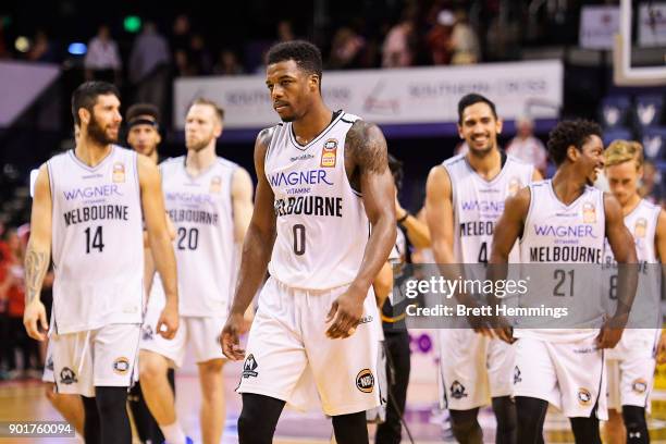 Melbourne players leave the court after victory during the round 13 NBL match between the Illawarra Hawks and Melbourne United at Wollongong...