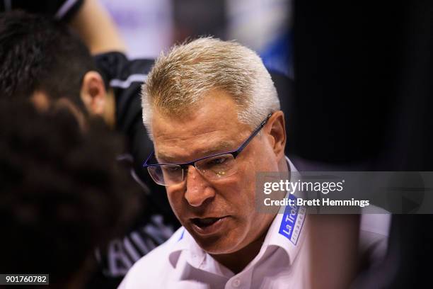Coach of Melbourne, Dean Vickerman speaks to players during a timeout during the round 13 NBL match between the Illawarra Hawks and Melbourne United...