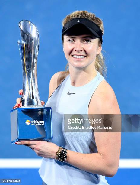 Elina Svitolina of Ukraine holds the trophy as she celebrates victory after winning the WomenÕs Final match against Aliaksandra Sasnovich of Bulgaria...