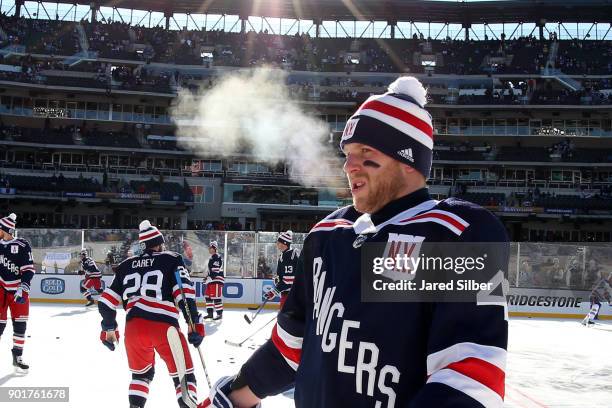 Steven Kampfer of the New York Rangers looks on against the Buffalo Sabres during the 2018 Bridgestone NHL Winter Classic at Citi Field on January 1,...