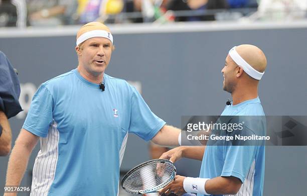 Comedian Will Ferrell and tennis player James Blake attend the 2009 Arthur Ashe Kids Day at the USTA Billie Jean King National Tennis Center on...