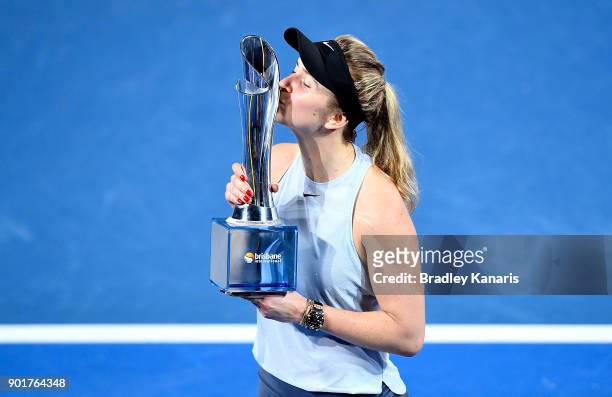 Elina Svitolina of Ukraine kisses the winners trophy after winning the WomenÕs Final match against Aliaksandra Sasnovich of Bulgaria during day seven...
