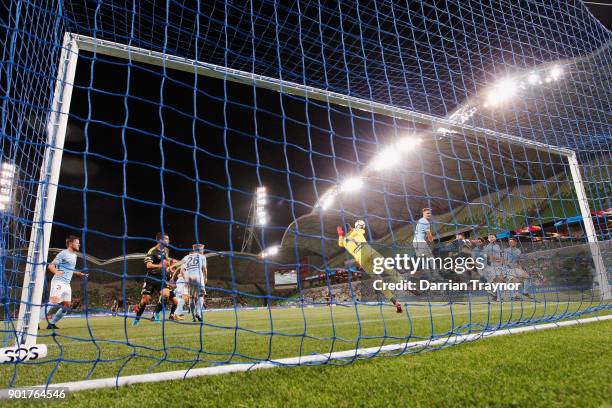 Dean Bouzanis of Melbourne City makes a save during the round 14 A-League match between Melbourne City and the Wellington Phoenix at AAMI Park on...