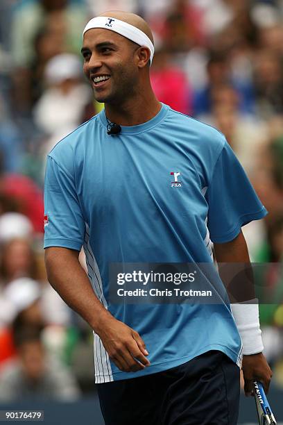 James Blake smiles during Arthur Ashe Kid's Day at the 2009 U.S. Open at the Billie Jean King National Tennis Center on August 29, 2009 in the...