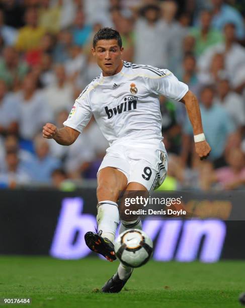 Cristiano Ronaldo of Real Madrid in action during the La Liga match between Real Madrid and Deportivo La Coruna at the Santiago Bernabeu stadium on...