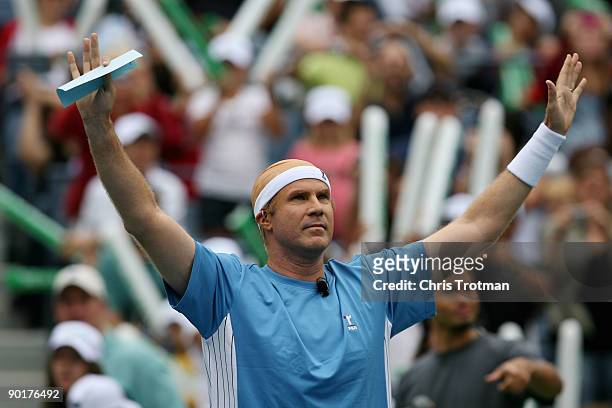 Actor Will Ferrell reacts to the crowd during Arthur Ashe Kid's Day at the 2009 U.S. Open at the Billie Jean King National Tennis Center on August...