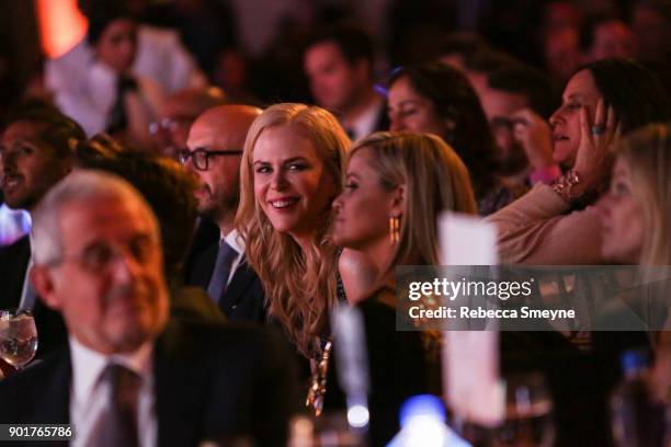 Nicole Kidman and Reese Witherspoon at their dinner table at the 2017 IFP Gotham Awards at Cipriani Wall Street on November 27, 2017 in New York, NY.