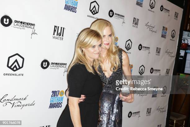 Reese Witherspoon and Nicole Kidman with her award backstage at the 2017 IFP Gotham Awards at Cipriani Wall Street on November 27, 2017 in New York,...