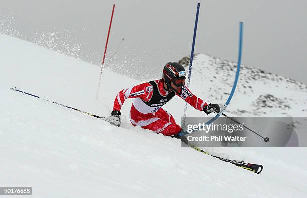 Ryuunosuke Ohkoshi of Japan competes in the men's Slalom Alpine Skiing during day nine of the Winter Games NZ at Coronet Peak on August 30, 2009 in...