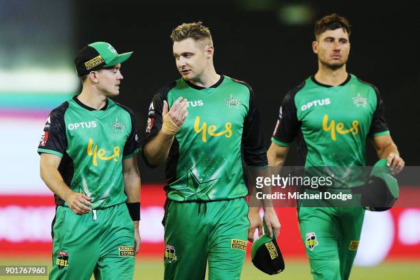 Seb Gotch and Luke Wright of the Stars look dejected afetr defeat during the Big Bash League match between the Melbourne Stars and the Melbourne...