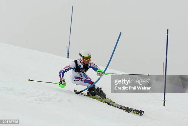 Geoffrey Mattei of France competes in the men's Slalom Alpine Skiing during day nine of the Winter Games NZ at Coronet Peak on August 30, 2009 in...