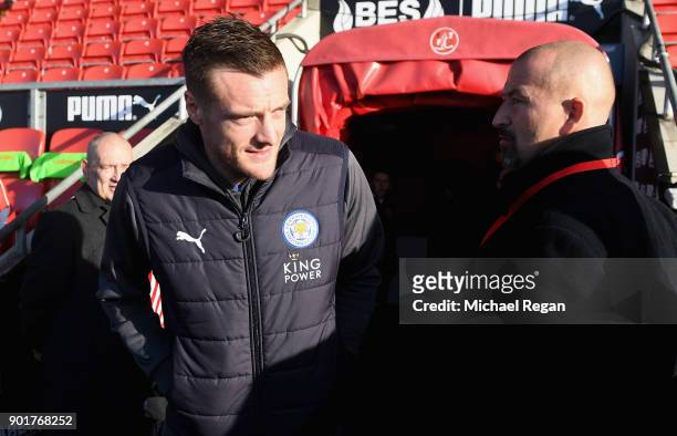 Jamie Vardy of Leicester City arrives prior to the The Emirates FA Cup Third Round match between Fleetwood Town and Leicester City at Highbury...