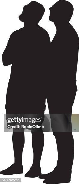 illustrazioni stock, clip art, cartoni animati e icone di tendenza di due uomini che guardano in alto silhouette - guardare con attenzione