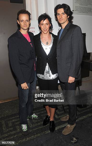 David Barba, Johnny Weir and James Pellerito attend a screening of "Pop Star on Ice" at the Brooklyn Academy of Music on August 29, 2009 in New York...