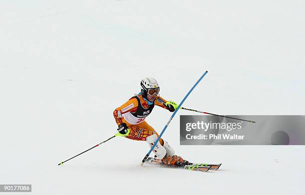 Eve Routhier of Canada competes in the women's Slalom Alpine Skiing during day nine of the Winter Games NZ at Coronet Peak on August 30, 2009 in...