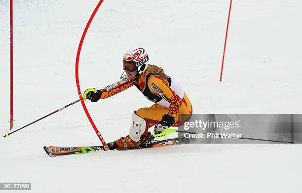 Brittany Phelan of Canada competes in the women's Slalom Alpine Skiing during day nine of the Winter Games NZ at Coronet Peak on August 30, 2009 in...