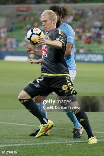 Adam Parkhouse of Wellington Phoenix controls the ball during the round 14 A-League match between Melbourne City and the Wellington Phoenix at AAMI...