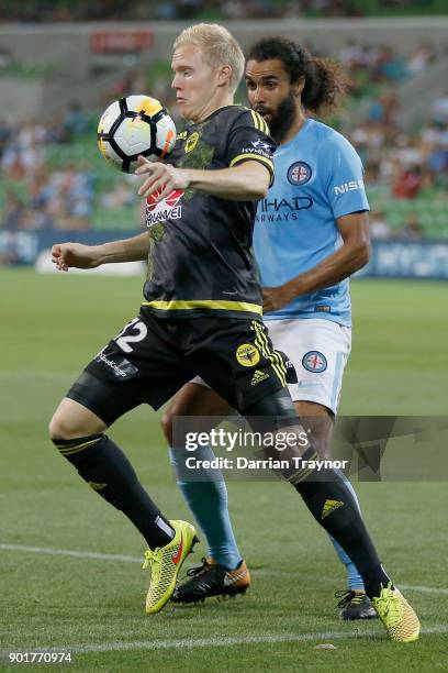 Adam Parkhouse of Wellington Phoenix controls the ball during the round 14 A-League match between Melbourne City and the Wellington Phoenix at AAMI...