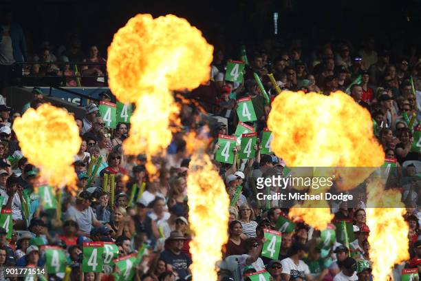 Fireworks are seen during the Big Bash League match between the Melbourne Stars and the Melbourne Renegades at Melbourne Cricket Ground on January 6,...