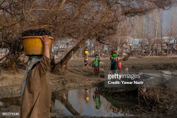 Kashmiri women carry tubs full of water chestnuts on their heads, after harvesting them from mud and weed, in a marsh on January 05, 2018 in Kolhom,...