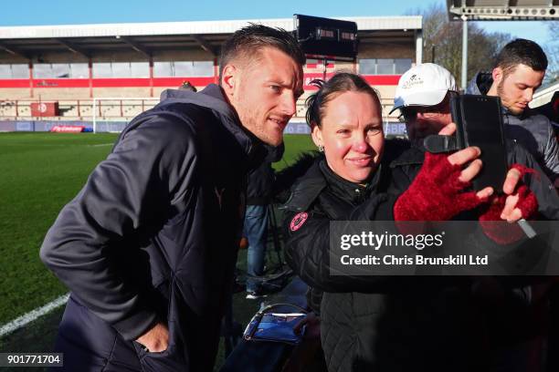 Jamie Vardy of Leicester City poses for a photograph ahead of The Emirates FA Cup Third Round match between Fleetwood Town and Leicester City at...