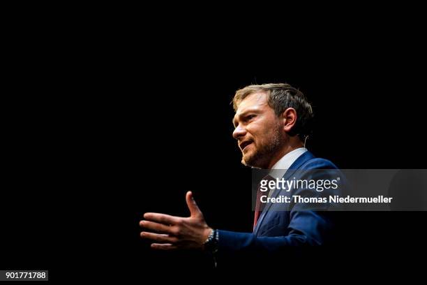 Christian Lindner, head of the German Free Democratic Party talks during the traditional Epiphany meeting of the German Free Democratic Party at the...