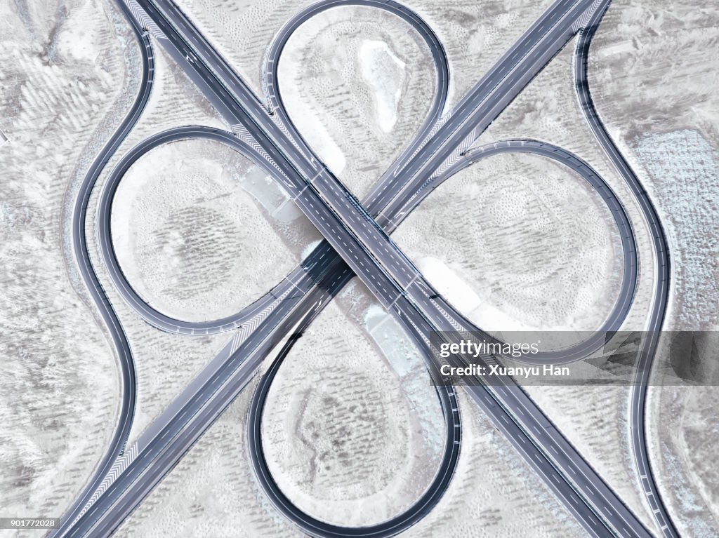 Aerial View of a Highway Intersection in winter