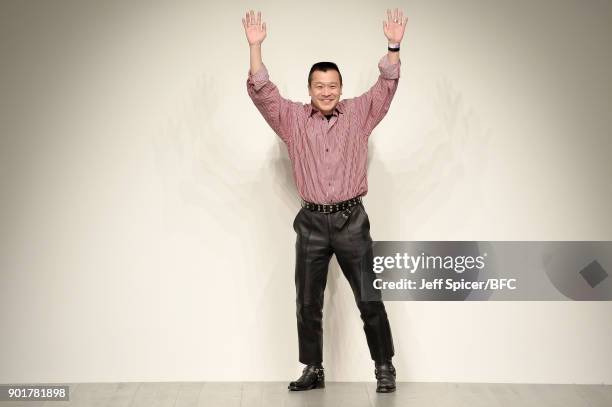 Arashi Yanagawa walks the runway at the John Lawrence Sullivan show during London Fashion Week Men's January 2018 at BFC Show Space on January 6,...