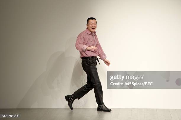 Arashi Yanagawa walks the runway at the John Lawrence Sullivan show during London Fashion Week Men's January 2018 at BFC Show Space on January 6,...