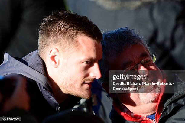 Leicester City's Jamie Vardy poses with a fan prior to the match during the Emirates FA Cup Third Round match between Fleetwood Town and Leicester...