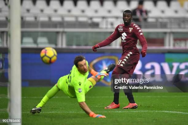 Baye Niang of Torino FC scores a goal during the serie A match between Torino FC and Bologna FC at Stadio Olimpico di Torino on January 6, 2018 in...