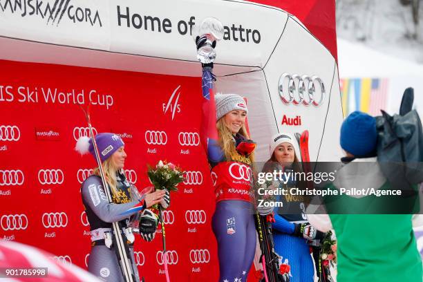 Tessa Worley of France takes 2nd place, Mikaela Shiffrin of USA takes 1st place, Sofia Goggia of Italy takes 3rd place during the Audi FIS Alpine Ski...