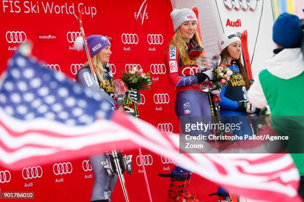 Tessa Worley of France takes 2nd place, Mikaela Shiffrin of USA takes 1st place, Sofia Goggia of Italy takes 3rd place during the Audi FIS Alpine Ski...