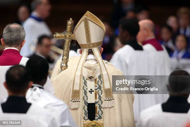 Pope Francis attends a solemn mass to commemorate the Feast of the Epiphany at the St. Peter's Basilica on January 6, 2018 in Vatican City, Vatican....