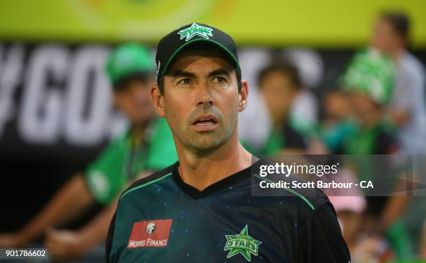 Stephen Fleming, coach of the Stars looks on during the Big Bash League match between the Melbourne Stars and the Melbourne Renegades at Melbourne...