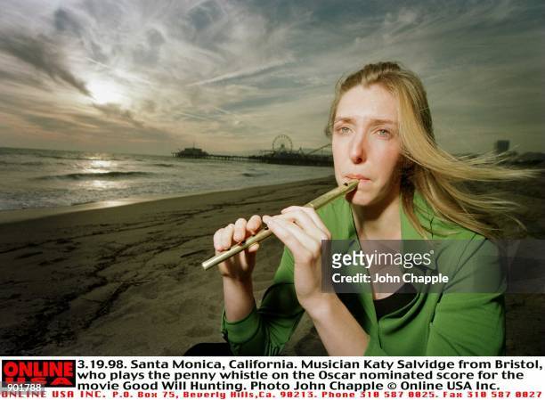 Santa Monica, California. Musician Katy Salvidge from Bristol, who plays the penny whistle on the Oscar nominated score for the movie Good Will...