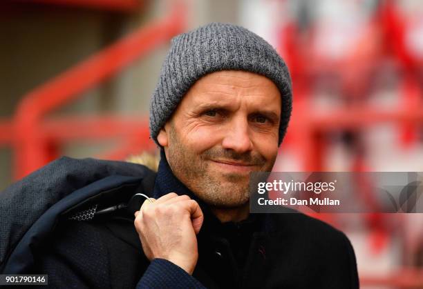 Paul Tisdale manager of Exeter City looks on prior to the The Emirates FA Cup Third Round match between Exeter City and West Bromwich Albion at St...