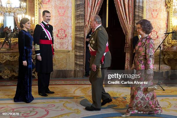 Queen Letizia of Spain, King Felipe VI of Spain, King Juan Carlos and Queen Sofia attend the Pascua Militar ceremony at the Royal Palace on January...