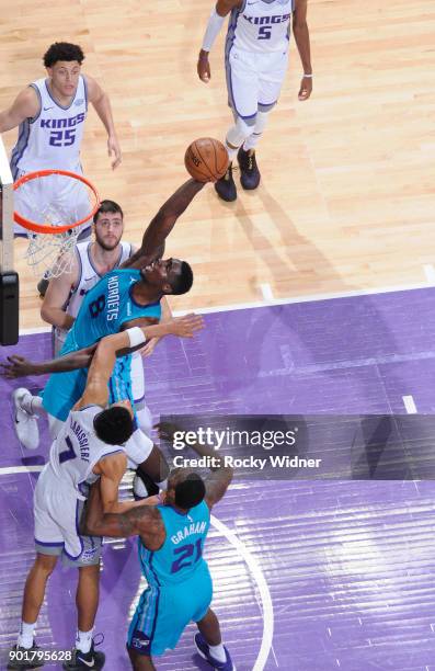 Johnny O'Bryant III of the Charlotte Hornets goes up for the shot against the Sacramento Kings on January 2, 2018 at Golden 1 Center in Sacramento,...