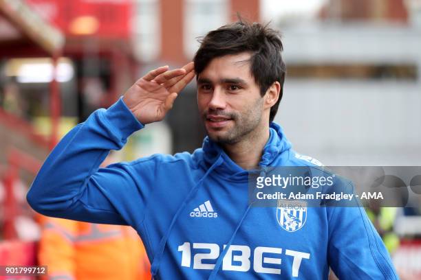 Claudio Yacob of West Bromwich Albion salutes prior to the The Emirates FA Cup Third Round match between Exeter City v West Bromwich Albion at St...
