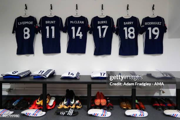 West Bromwich Albion players match shirts in the away dressing room prior to the The Emirates FA Cup Third Round match between Exeter City v West...