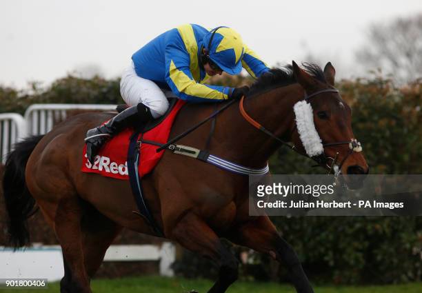 Sperdek and Sean Bowen clear the last fence before going on to win The 32Red Casino Handicap Steeple Chase Race run during 32Red Day at Sandown Park,...