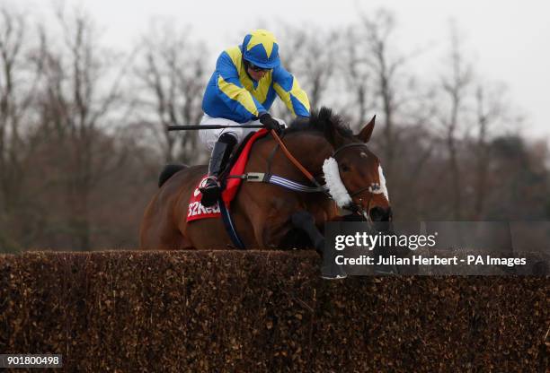 Sperdek and Sean Bowen clear the last fence before going on to win The 32Red Casino Handicap Steeple Chase Race run during 32Red Day at Sandown Park,...