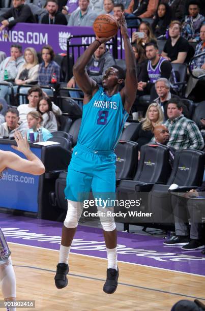 Johnny O'Bryant III of the Charlotte Hornets shoots against the Sacramento Kings on January 2, 2018 at Golden 1 Center in Sacramento, California....