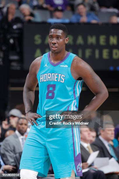 Johnny O'Bryant III of the Charlotte Hornets looks on during the game against the Sacramento Kings on January 2, 2018 at Golden 1 Center in...